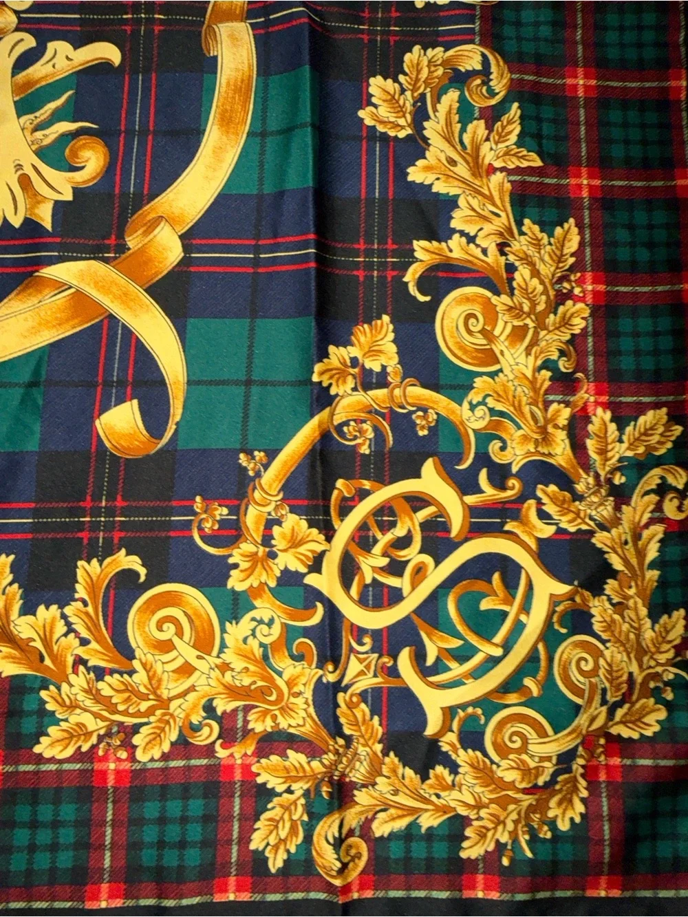Vintage Baroque Tartan Plaid Square Scarf Gold Regal Crest Renaissance 100% Silk